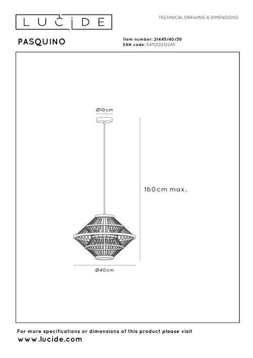 Lucide PASQUINO - Pendant light - Ø 40 cm - 1xE27 - Black | Essential - technical